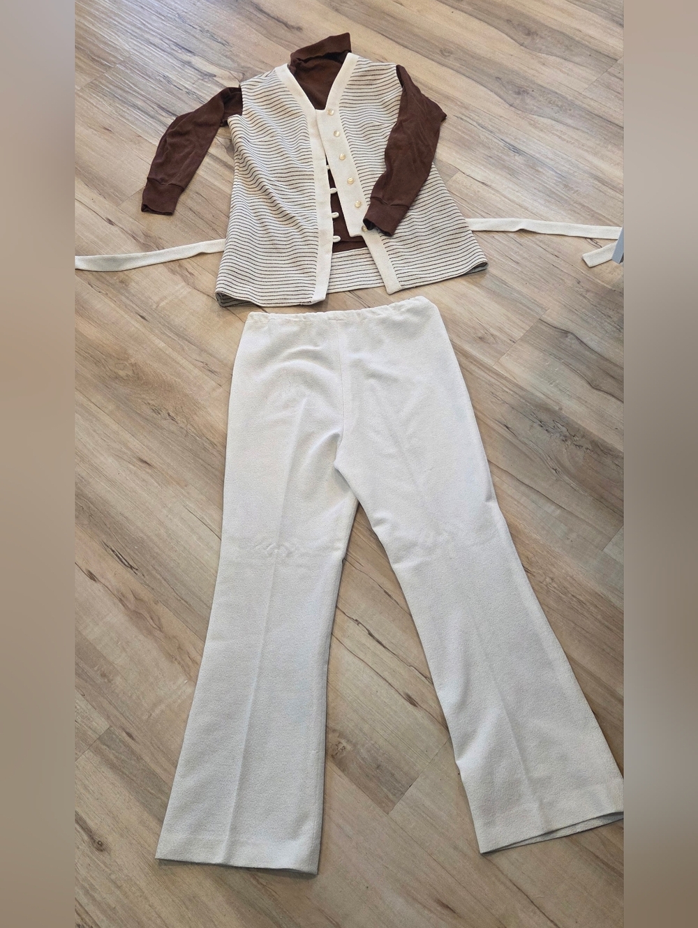 Vintage Cream Wide-Leg Pants, Striped Belted Vest And 2 Brown Velvet/Velour Tops